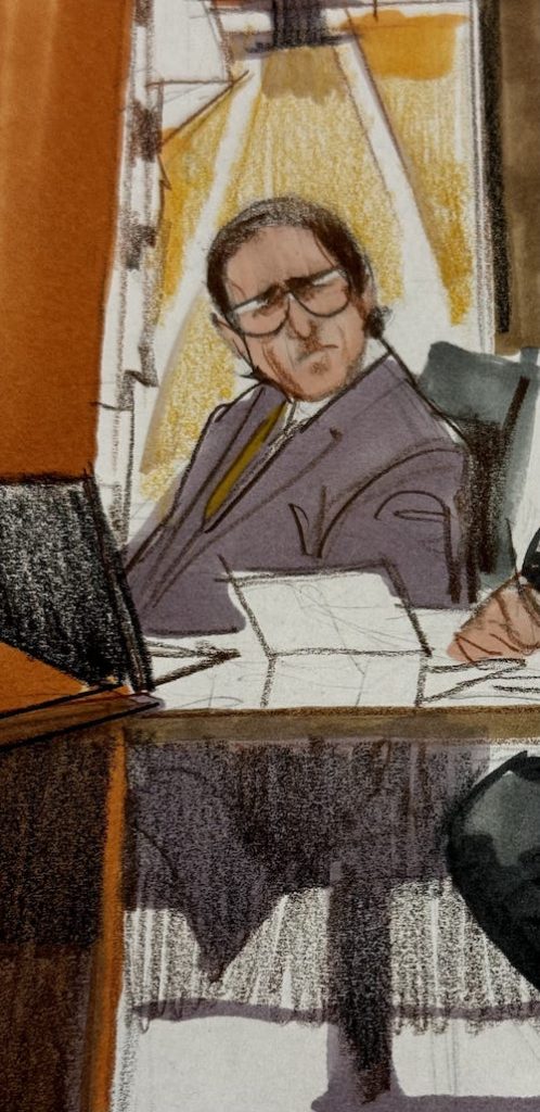 Courtroom sketch of Ian R. Alexander presenting a case